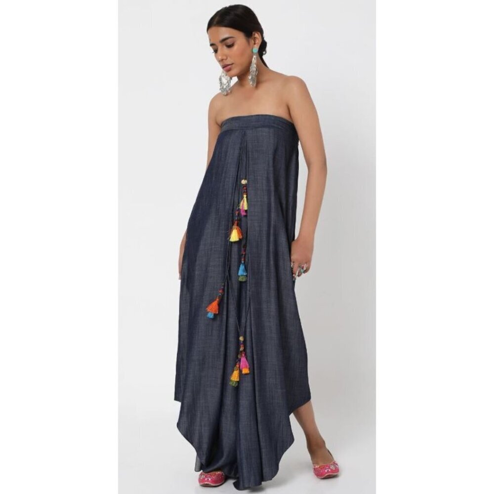 Style Junkiie Women's Blue Denim Tassel Jumpsuit Off the Shoulder Size 10 NWOT - Picture 4 of 16
